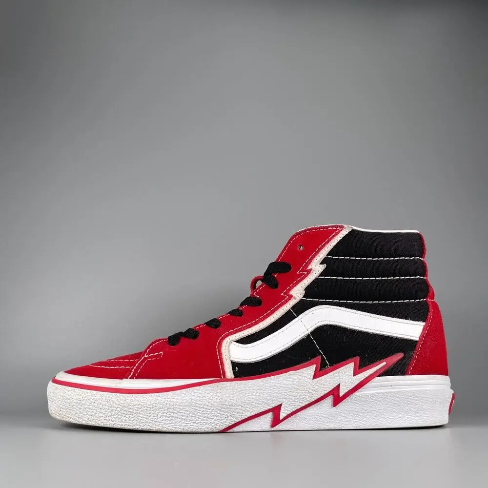 Men's 8.5 Womens 10 Vans Sk8 Hi Red White Lightning Bolt Skate Sneaker Shoe EUC